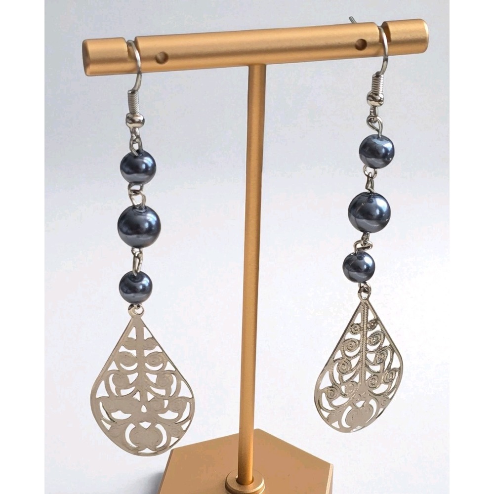 Silver Filigree Teardrop Dangle Earrings with Faux Blue Pearls – Boho Statement